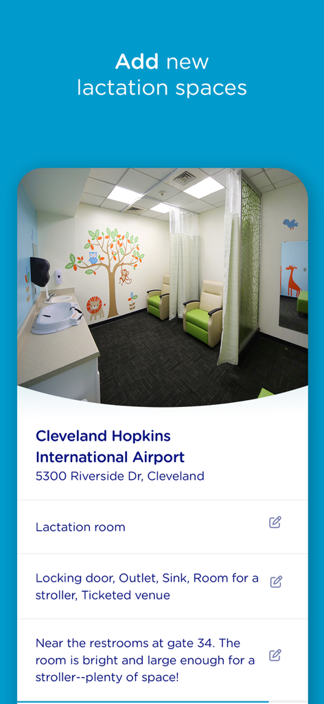 A screenshot of the Mamava app displaying details and a photo of a lactation room at Cleveland Hopkins International Airport.
