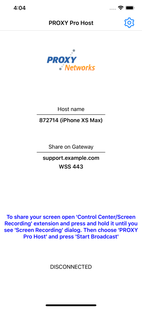 Main interface of PROXY Pro Host app showing host name and remote sharing instructions