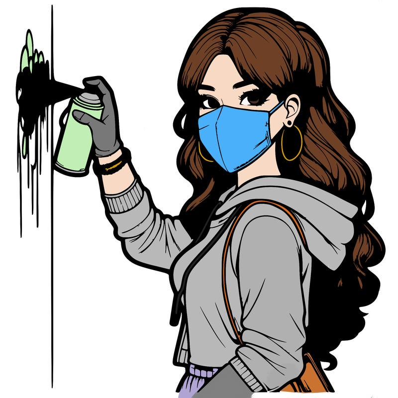 realistic girl with mask spray painting a wall