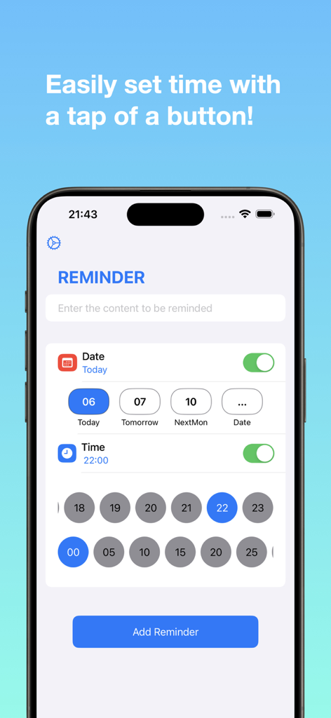 Quick Add Reminders & Calendar - Mobile app screen for creating a reminder with easy date and time selection buttons