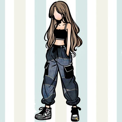 girl in baggy pants crop top and long hair
