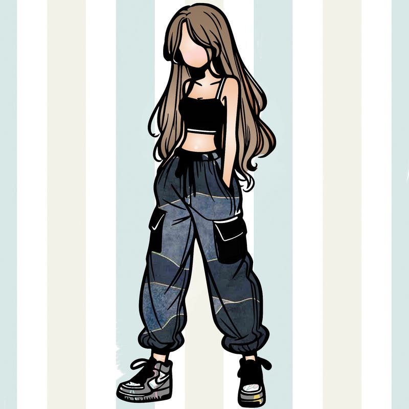 girl in baggy pants crop top and long hair