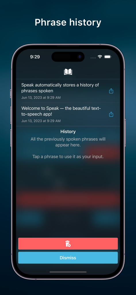 Speak • Speech Synthesizer - Speak音声合成アプリのフレーズ履歴を表示するスマートフォン画面。以前に話された文章のリストが含まれています。