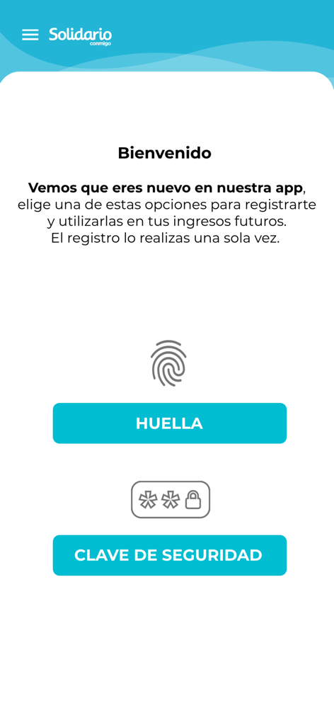 Solidario app welcome screen with options for fingerprint and security key registration