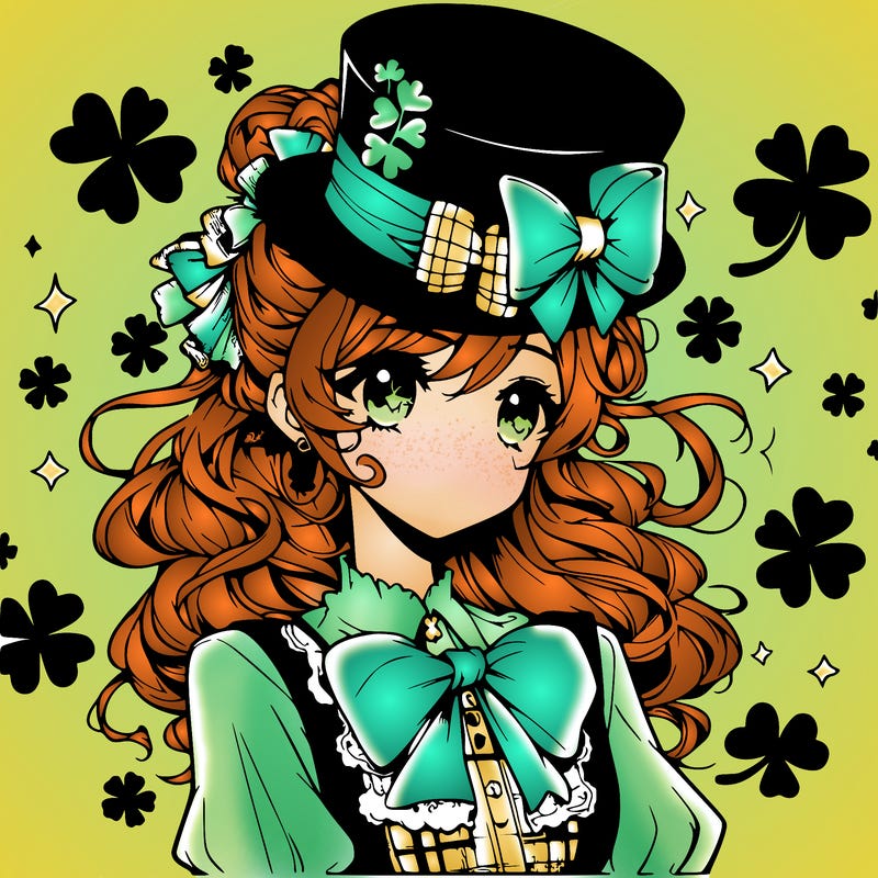 a manga-style girl with clovers around her, a little hat in her hair, like it's saint patrick's day