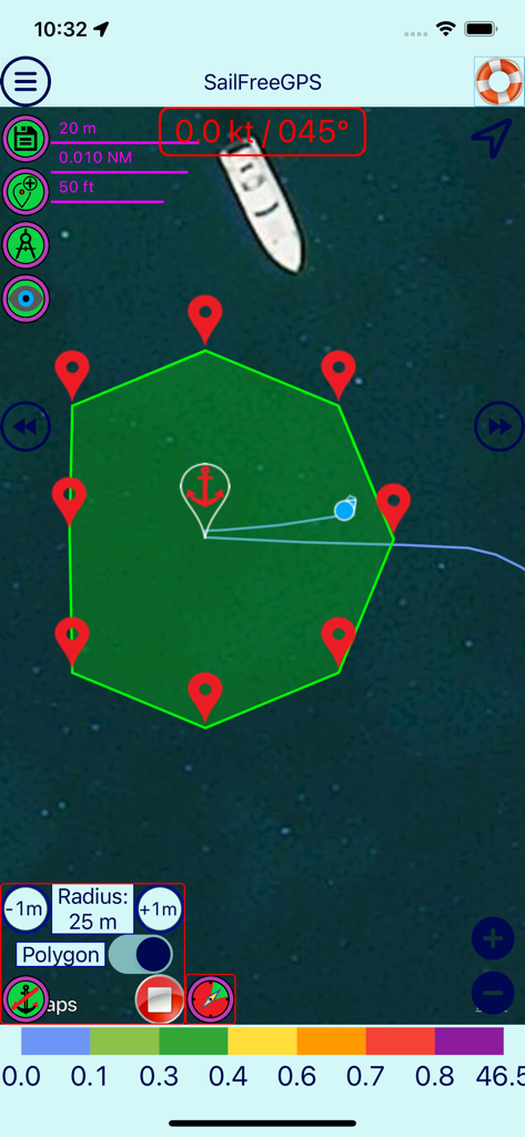 SailFreeGPS - SailFreeGPS app anchor alarm interface showing a customizable polygon safety zone and boat tracking.