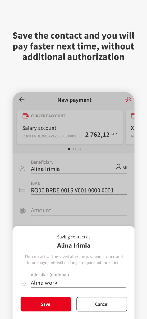 YOU BRD - YOU BRD mobile app interface showing a prompt to save a beneficiary contact for faster future bank transfers