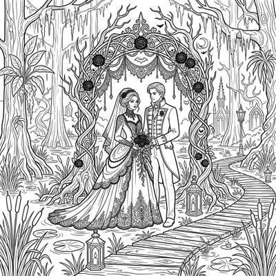 Step into a world where gothic elegance meets the wild beauty of a wetland swamp with this unique wedding coloring page. Perfect for those who love dark romance and intricate details, this scene invites you to add your artistic touch to a truly unforgettable ceremony.