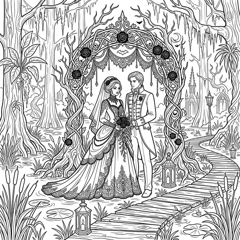 Step into a world where gothic elegance meets the wild beauty of a wetland swamp with this unique wedding coloring page. Perfect for those who love dark romance and intricate details, this scene invites you to add your artistic touch to a truly unforgettable ceremony.