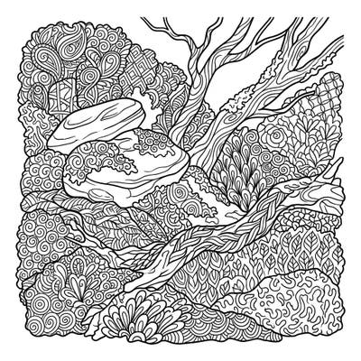 Dive into the intricate beauty of nature with this unique Zentangle Mossy Surfaces coloring page. Discover a dense tapestry of patterns across rocks, tree trunks, and lush foliage, perfect for a relaxing artistic escape.