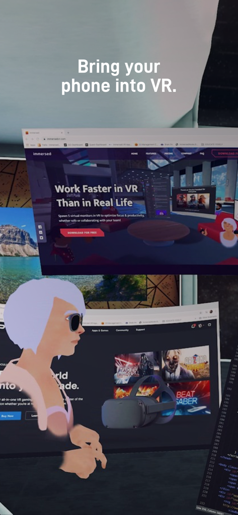Ein digitaler Avatar in einem virtuellen Büro mit mehreren schwebenden Computerbildschirmen.