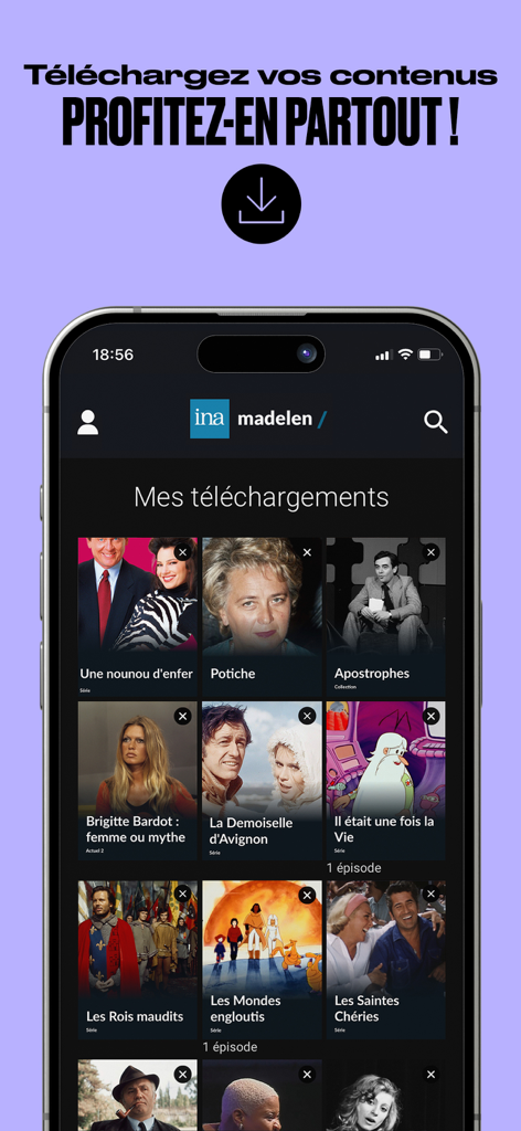INA madelen - INA madelen app interface showing the my downloads section with thumbnails of classic French television series and documentaries available for offline viewing