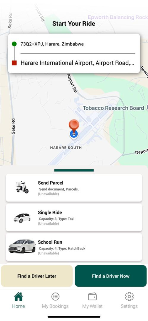 Go Safe ZW - ジンバブエ、ハラレでのライドと小包配送の予約のためのGo Safe ZWモバイルアプリインターフェース