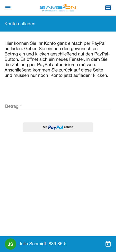Pantalla de la aplicación móvil para recargar el saldo de una cuenta de cafetería a través de PayPal