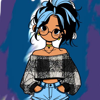 girl with a messy ponytail glasses a baggy crop top and jean shorts