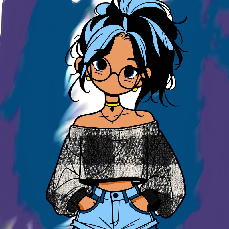 girl with a messy ponytail glasses a baggy crop top and jean shorts