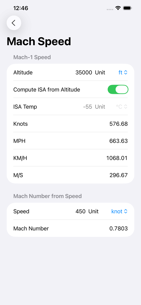 Mach speed and Mach number calculation screen within the Flight Computer app