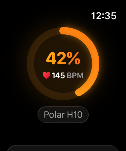 HRM Battery - HRM Battery app interface on Apple Watch showing 42 percent battery and 145 BPM for a Polar H10 strap
