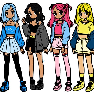 one girl with crop-top shirt and a jacket with a skirt, long socks and another girl with a shirt and pants with a jacket