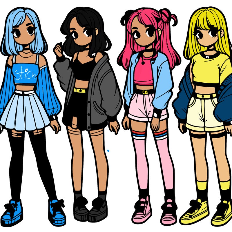 one girl with crop-top shirt and a jacket with a skirt, long socks and another girl with a shirt and pants with a jacket