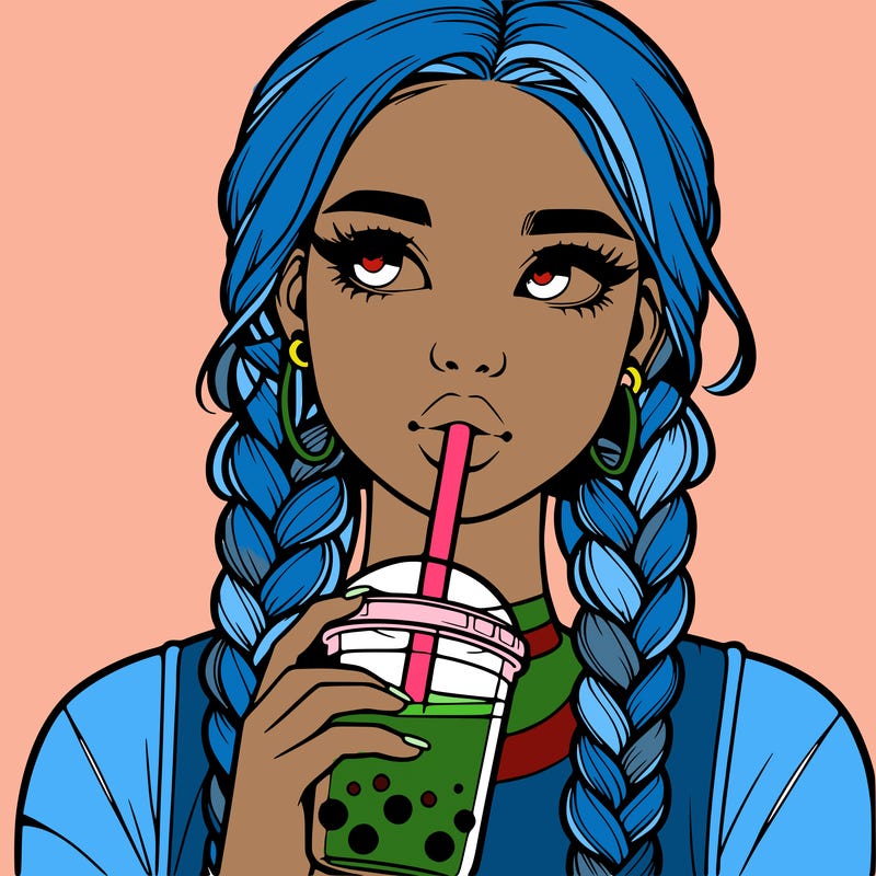realistic girl with braided hair drinking boba