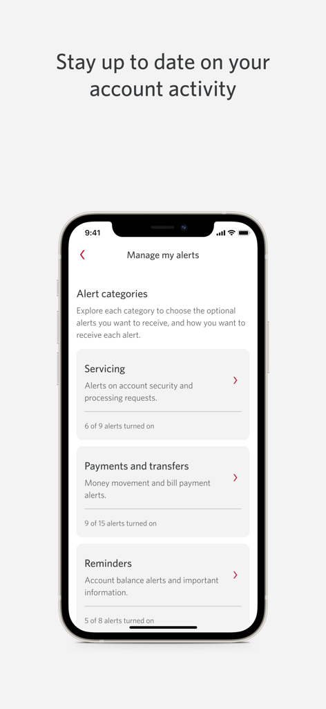 CIBC US Mobile Banking - CIBC US Mobile Bankingアプリのアラート管理インターフェースを表示するスマートフォンの画面。サービス支払いとリマインダーのカテゴリがあります