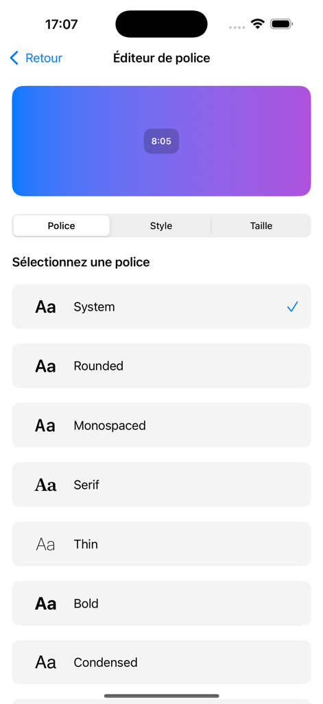 Lava Clock - Pantalla de selección de fuentes en la aplicación Lava Clock que muestra varias opciones de tipografía como Rounded Monospaced y Serif