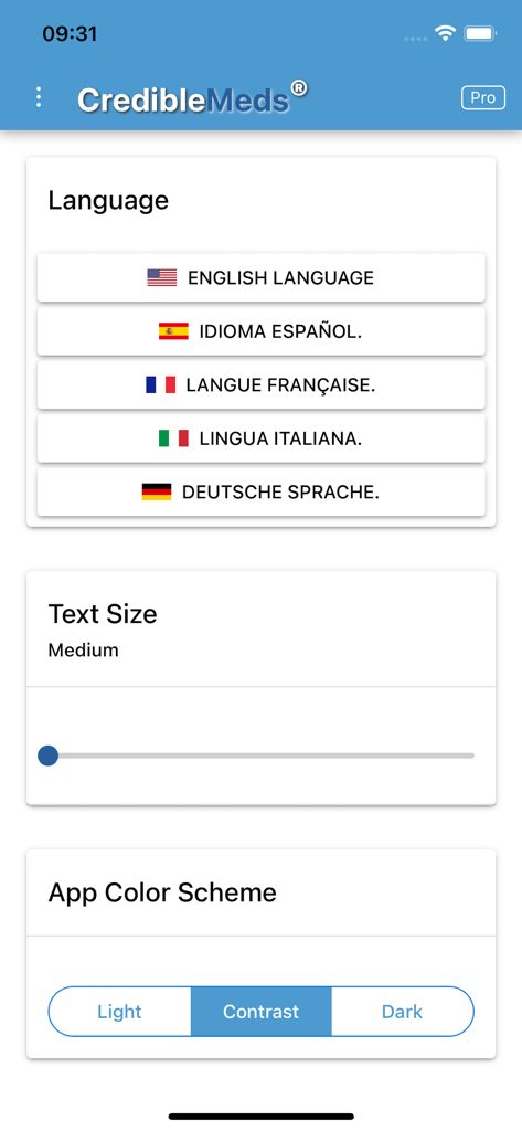 Settings screen of the CredibleMeds app showing language selection, text size slider, and color scheme options
