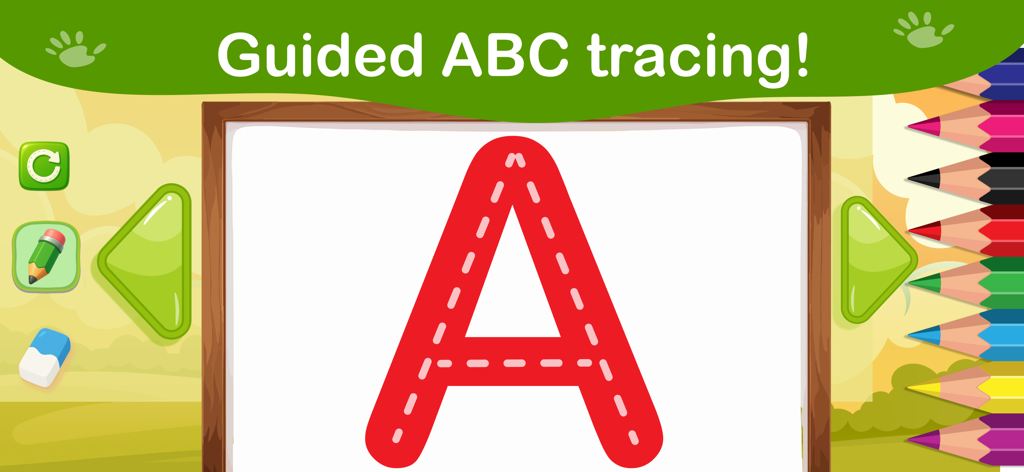 ABC Letter Tracing Games - Interfaz educativa para niños que muestra una letra A roja con contornos punteados para el trazado guiado y lápices de colores al lado.
