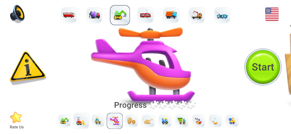 Una pantalla de menú del juego Puzzles de Coches con un colorido helicóptero de dibujos animados y una selección de diferentes iconos de vehículos