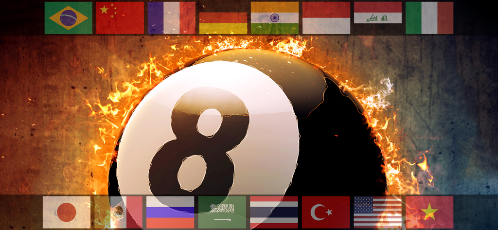 A flaming 8-ball billiards ball surrounded by international flags representing global competition