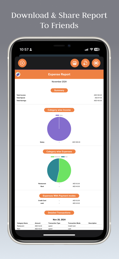 Daily Spend - Expense Tracker - Monthly expense report in Daily Spend app featuring income and expense pie charts and a detailed transaction list.