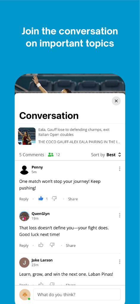 Philstar - A mobile screen showing the Philstar app conversation section with user comments on a sports news story.