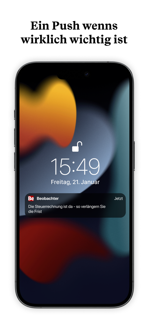 Beobachter - iPhone lock screen showing a push notification from the Beobachter app about tax advice