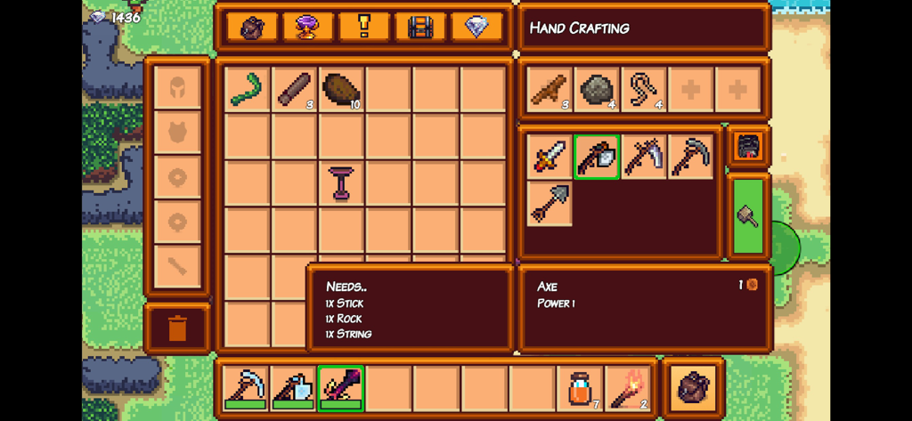 A pixelated hand crafting screen in Pixel Survival Game 3 showing the requirements for an axe