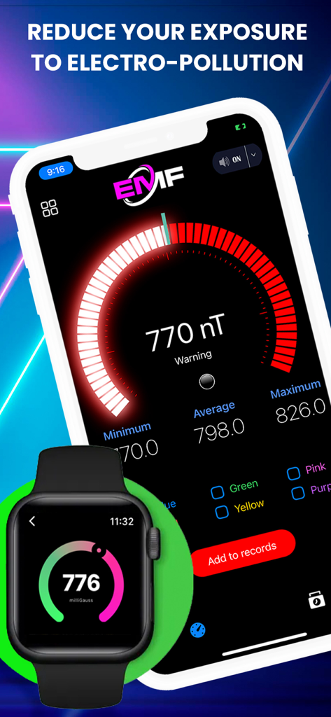 Emf Detector Radiation Reader - Interfaz de la aplicación Emf Detector Radiation Reader en iPhone y Apple Watch mostrando datos de medición de campo magnético