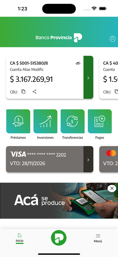 BIP Móvil - Pantalla de inicio de la aplicación BIP Movil mostrando el saldo de la cuenta e íconos de servicios financieros como transferencias y pagos