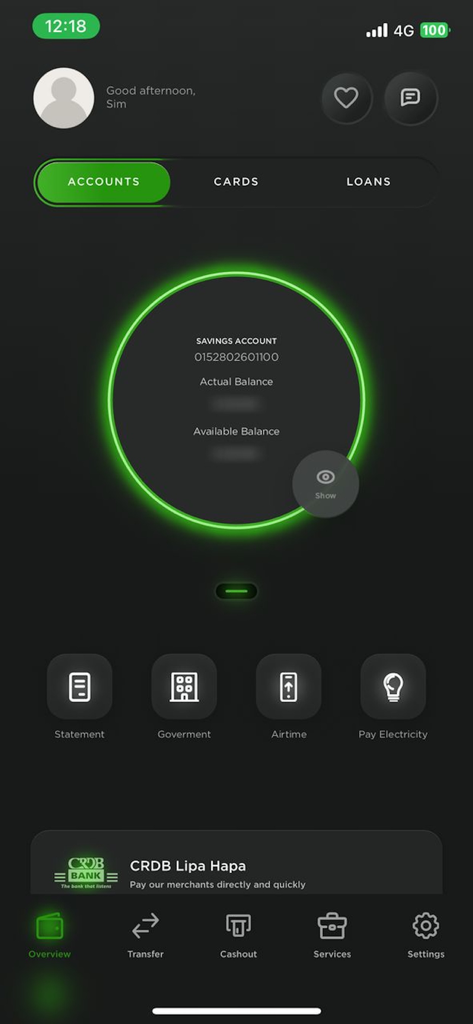 CRDB BANK SIMBANKING BURUNDI - Main dashboard of the CRDB Bank SimBanking Burundi mobile app showing account balances and service icons for airtime and bill payments