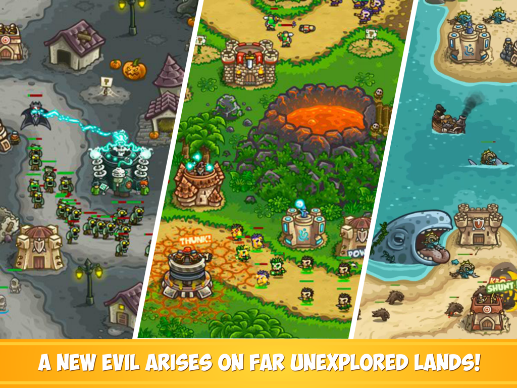 Kingdom Rush Frontiers TD HD - Un collage mostrando tres niveles diferentes en Kingdom Rush Frontiers, incluyendo un cementerio espeluznante, una jungla volcánica y una playa costera con monstruos marinos.
