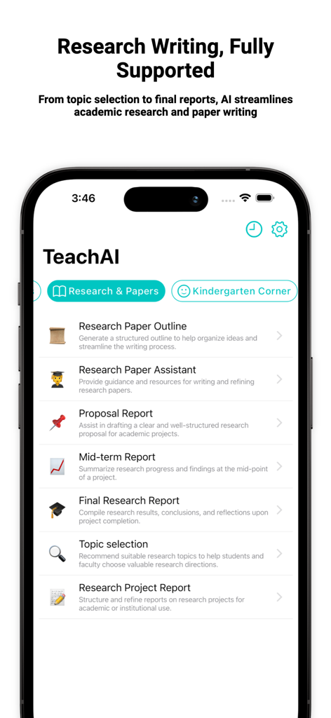TeachAI: AI Teaching Assistant - Interfaz de la aplicación TeachAI que muestra varias herramientas de investigación académica y redacción de artículos, como esquemas de investigación e informes de propuestas