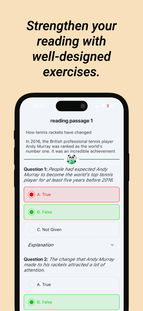The Eng - English Practice - Exercício de compreensão de leitura em inglês com perguntas em uma tela de celular