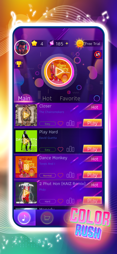 Color Rush: Smash Rhythm 3D - Main menu screen of Color Rush rhythm game showing a library of popular music tracks