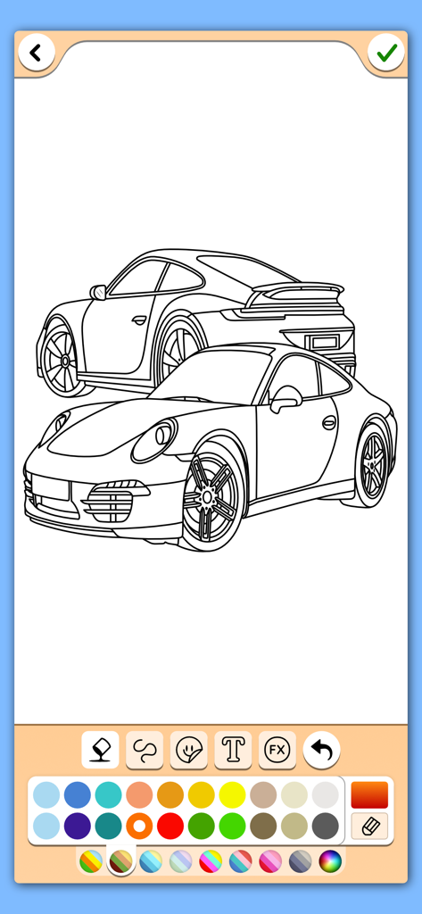Cars coloring book game - Una página para colorear digital de dos coches deportivos con una paleta de colores y varias herramientas de dibujo
