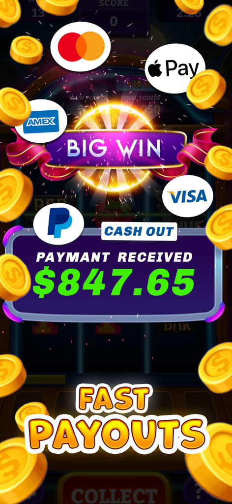 Slots Mania: Skill Slot Games - Slots Mania app screenshot showing a cash out of 847.65 dollars with payment options like PayPal and Apple Pay