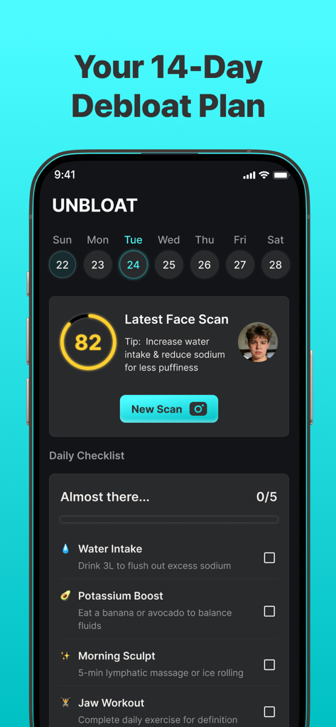 UNBLOAT AI: Debloat & Depuff - UNBLOAT AI app dashboard showing a face scan score and a daily wellness checklist for facial de-puffing
