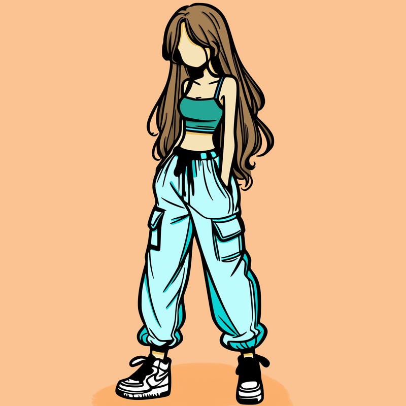 girl in baggy pants crop top and long hair