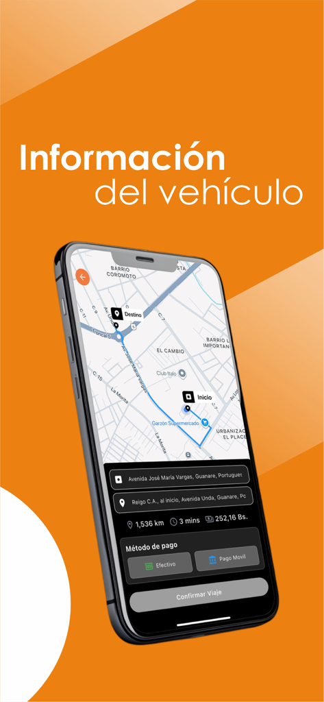 Roda Rides - Roda Rides app screen showing a ride request with map route price in Bolivars and payment method options