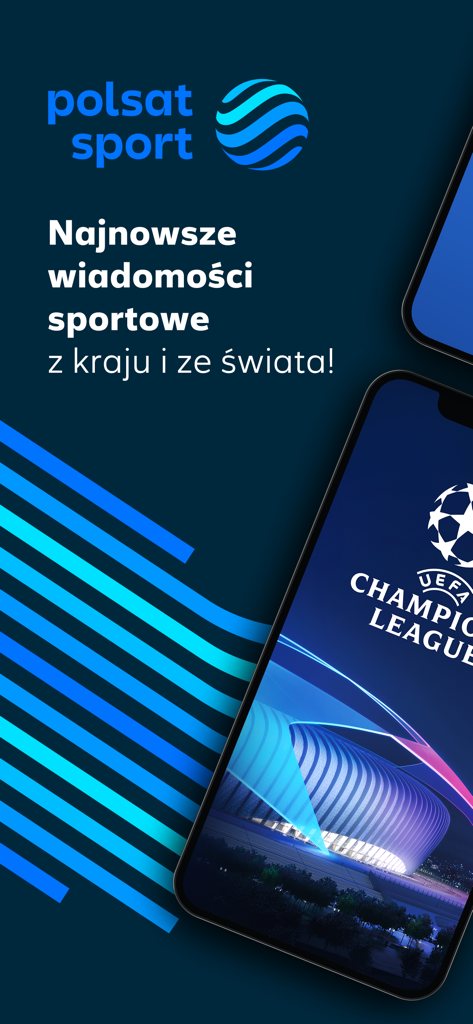 Polsat Sport mobile app promotional screen featuring sports news and a UEFA Champions League graphic