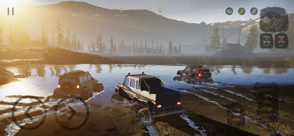 Conducción todoterreno multijugador a través de barro y agua en Mudness Offroad Car Simulator al atardecer