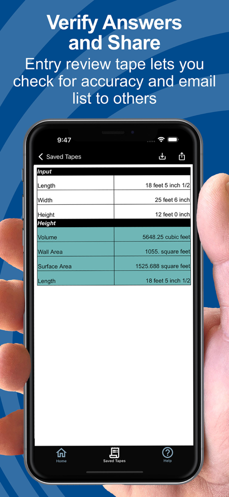 Measure Master Pro Calculator - Measure Master Pro saved calculations tape showing dimensions and area results
